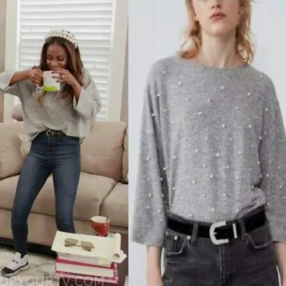 Zara GREY Pearl Raw Edge Drop Shoulder Pullover Sweater Heather  Grey Size Small - Picture 2 of 8